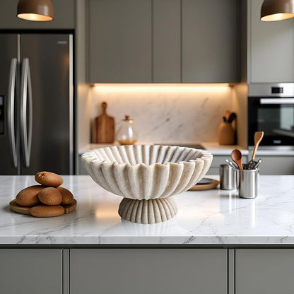 10" Large Decorative Bowl decor, Scalloped Bowls for Modern Home Decor,Ruffle Decor,Stylish Key Bowl for Entry Table,Decorative Fruit Bowl for Kitchen Counter,With base,Artificial Stone Beige