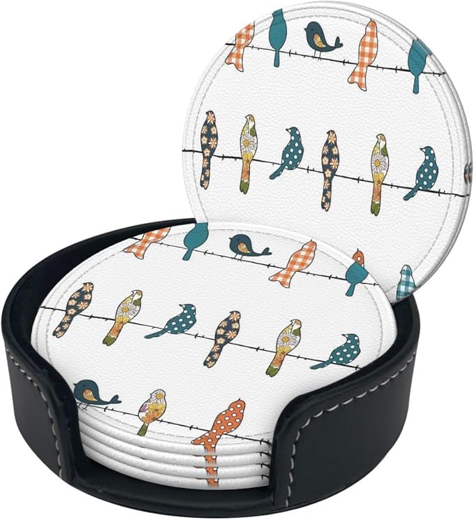 6 Pcs Rowley Birds Floral Pattern Leather Coasters - Image 3
