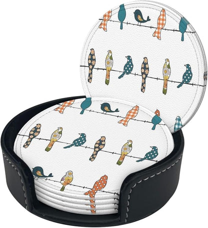 6 Pcs Rowley Birds Floral Pattern Leather Coasters - Image 3
