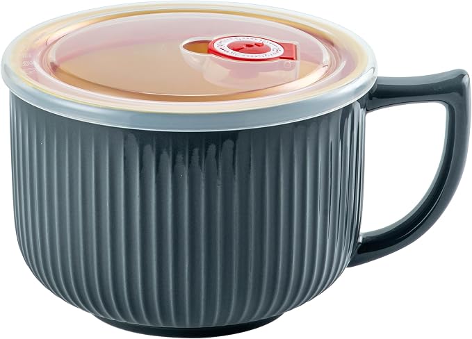 Ceramic Soup Bowl with Handle & Lid, Jumbo 38oz Microwave Ramen Bowl Gray | by Hoilse