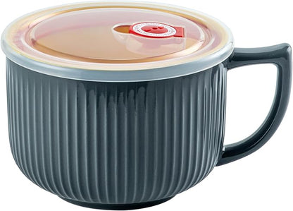 Ceramic Soup Bowl with Handle & Lid, Jumbo 38oz Microwave Ramen Bowl Gray | by Hoilse