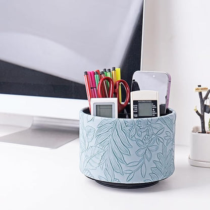 Hennaja Round Leather Art Supply Organizer,Remote Control Holder,360 Degree Spinning,Multi-Functional Pencil Holder,4 Compartments Desktop Stationary Organizer(1-Carved Light Blue)
