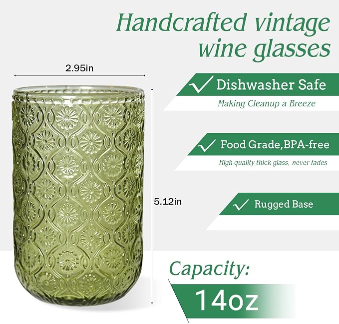 Green Vintage Drinking Glasses Set of 6, 14 oz hobnail drinking glasses - Image 2