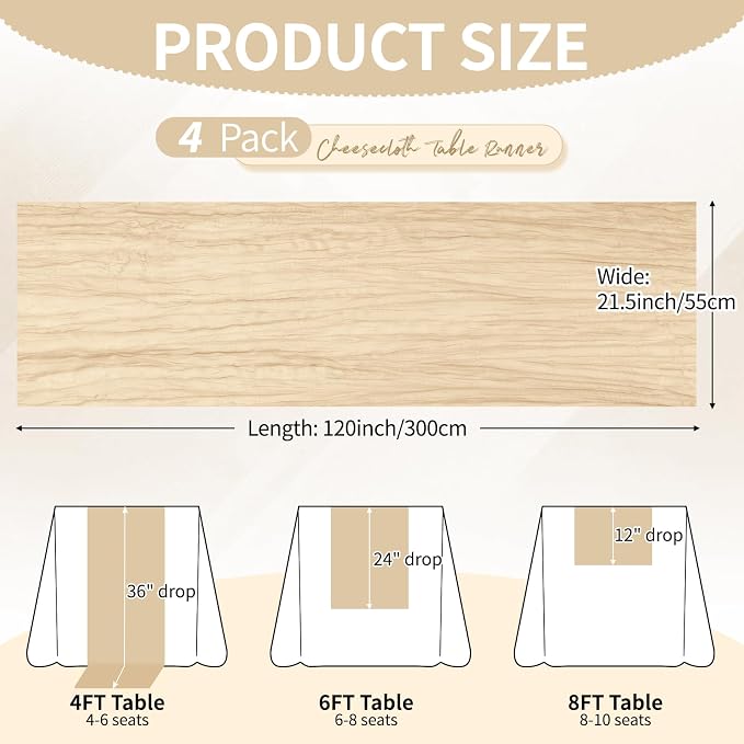 4 Pack Beige Cheesecloth Table Runner 10Ft, Gauze Table Runners 21.5 x 120 inch - Image 2