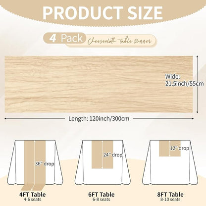 4 Pack Beige Cheesecloth Table Runner 10Ft, Gauze Table Runners 21.5 x 120 inch - Image 2