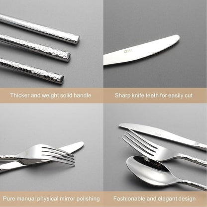 20-Piece Forged Hammered Stainless Steel Flatware Cutlery Set for 4, SXY INOX Includes Dinner Knives,Dinner Forks, Tea Spoons, Dinner Spoons, Salad forks, Mirror Polished - Dishwasher Safe
