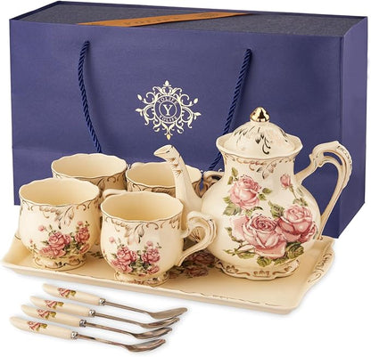 YOLIFE Porcelain Tea Set, Ivory Vintage Pink Rose Teaset | 4 Teacups, 1 Teapot - Image 9