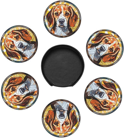 Drink Coaster Set of 6, Beagle Dog Mom Lover Gift,Leather Drink Coasters with Holder,6 Pack Cup/Bar/Drink Coasters for Table/Drinks/Coffee Protection Housewarming Gift
