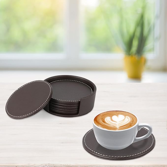 Set of 6 Round Leather Bar Coasters - Image 3