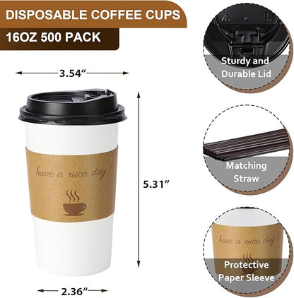 500 Pack 16 oz Disposable Paper Coffee Cups, Paper To Go Cups with Lids, Sleeve and Straw, Hot Paper Cups for Home, Office and Party (White 16oz)