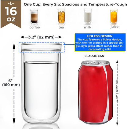 Aquach 16oz Double Walled Glass Coffee Cups Set of 2, Insulated Tumblers | - Image 4
