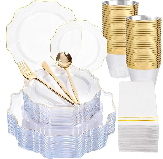 350Pcs Clear and Gold Plastic Plates by WDF