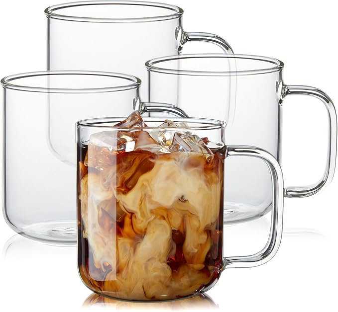 Glass Coffee Mugs, 14 oz Ice Coffee Cups Set of 4, Large Clear Tea Cups by BWODYAY