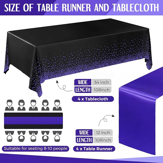 8 Pack Black and Purple Disposable Plastic Tablecloths and Satin Table Runner - Image 2