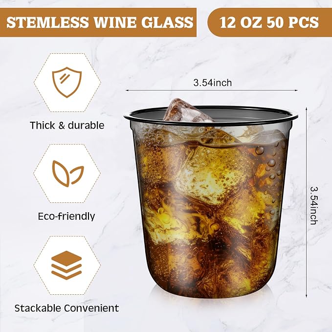 Ziliny 50pcs Disposable Stemless Glasses 12oz Crystal Plastic Wine Glasses - Image 3