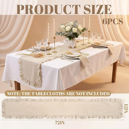 6 Pcs Neutral Beige Ruffled Table Runner, 13 x 72 Inch | Linen Kitchen Dining - Image 2