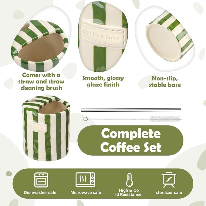 1 Pack Ceramic Coffee Mug with Sip Hole Espresso Cup 10oz with Straws Retro - Image 3