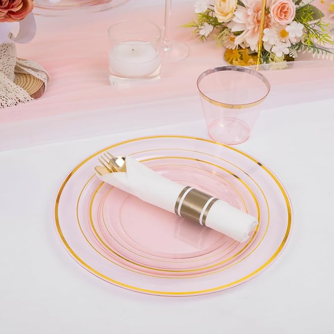 WELLIFE 210Pcs Clear-Pink Plastic Dinnerware- Pink and Gold Plastic Dinnerware - Image 7