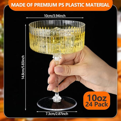 24 Pcs Ribbed Martini Glasses 10 oz Disposable Plastic Vintage Ribbed Coupe Glasses Unbreakable Dessert Parfait Glassware for Wedding Birthday Party Supplies (Clear)