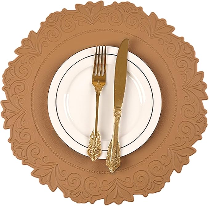 Noctiflorous Round Faux Leather 15 Inch Placemats Set of 6 Waterproof Wipeable Heat Resistant Tablemat for Dining Table Kitchen Non Slip Washable Oilproof Table Place Mat(Umber Brown, 6)