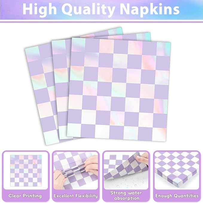 96Pcs Iridescent Birthday Party Supplies Purple Checkered Paper Plates Napkins - Image 4