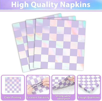 96Pcs Iridescent Birthday Party Supplies Purple Checkered Paper Plates Napkins - Image 4