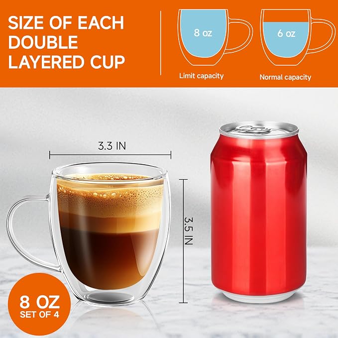 8 Ounces Set of 4 Double Walled Glass Coffee Mugs - Image 4