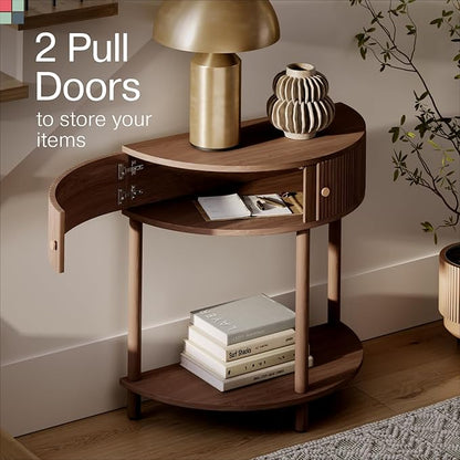 Fluted Half Moon Shaped Console Table - Small Entry Desk - Living Room Furniture - Modern Home Decor - Solid Wood Entryway Table with Two Doors and Brass Knobs (Walnut)