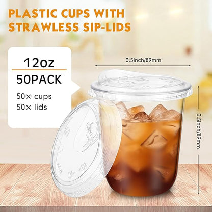 50 Sets 12 oz Clear Plastic Cups with Strawless Sip Lids, Thickened Clear Disposable Plastic PET Crystal Cups for Iced Coffee, Smoothie, Cold Beverage, Drink Shops and Party Catering