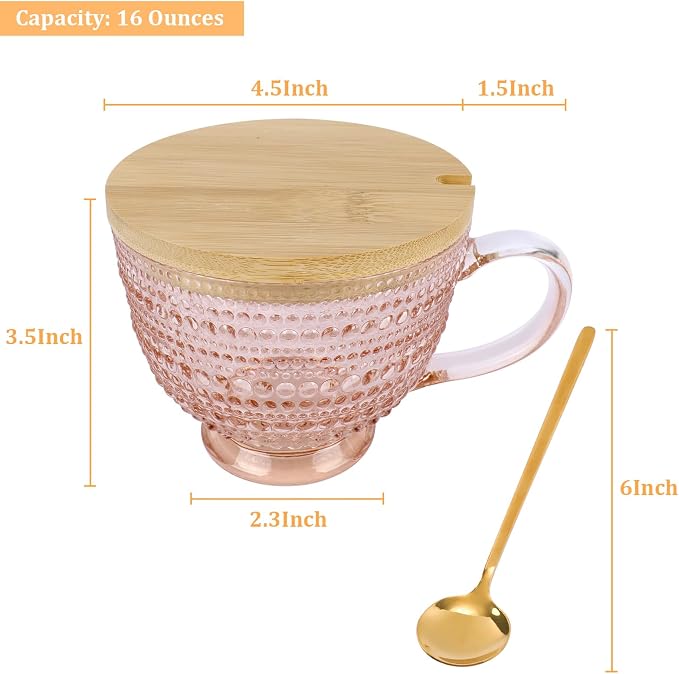 Pink Vintage Latte Mugs Set of 2, 16oz Large Pink Glass Embossed Coffee Mug - Image 5