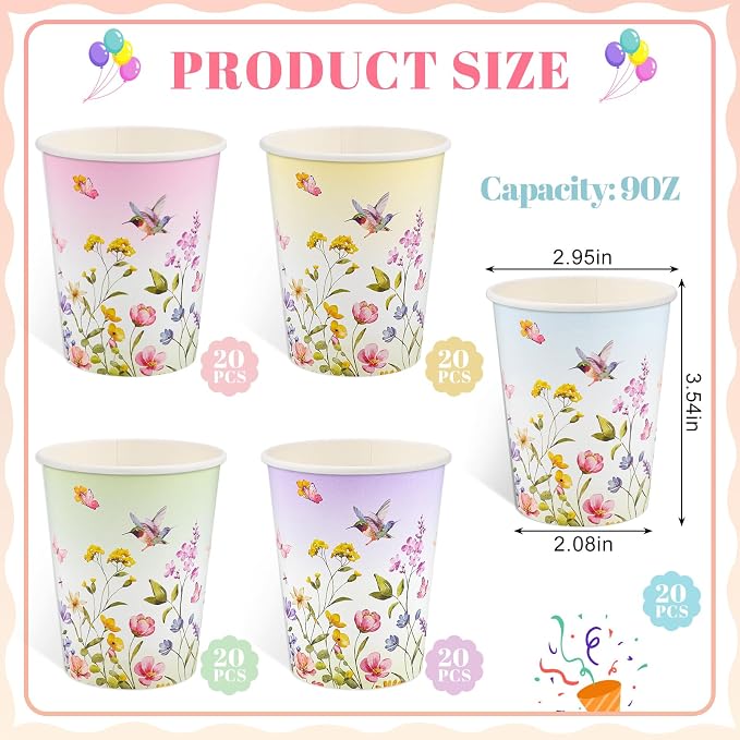 NatNarr 100 Pack Floral Paper Cup, 9oz Disposable Wildflower Paper Cups | Tea - Image 2