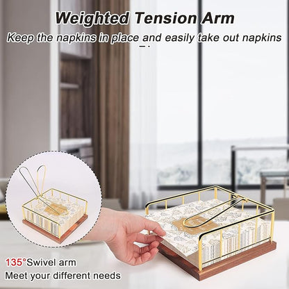 Livabber Flat Napkin Holder, Metal Kitchen Napkin Storage with Weighted Tension Arm Rustic Tissue Paper Dispenser for Countertop, Table Kitchen, Dining Room (With Wooden Base, Gold)