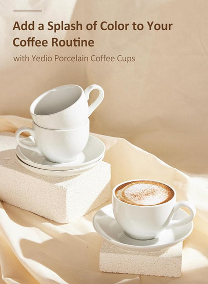 Porcelain Coffee Cups Set with Saucer, 6 Ounce White Porcelain Cup and Saucer - Image 5