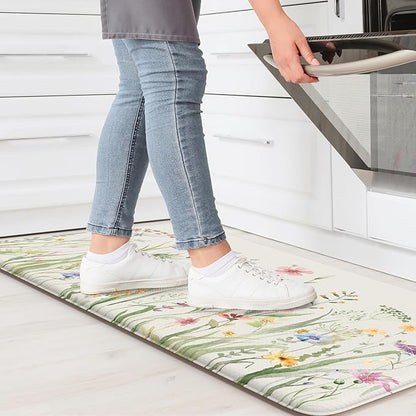 KIMODE Anti Fatigue Kitchen Mat 17.3"x29", Boho Floral Kitchen Floor Mats Non Slip, Waterproof Kitchen Mat for Floor, Padded Comfort Standing Mat for Laundry, Office, Sink, Desk White