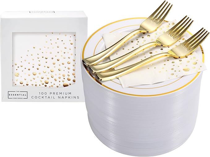 The Essential Concierge 100 Stylish Gold Dessert Plates, Forks and Cocktail Napkins - 7.5 Inch Wedding Cake Plates for Events including Wedding Reception, Parties or Showers