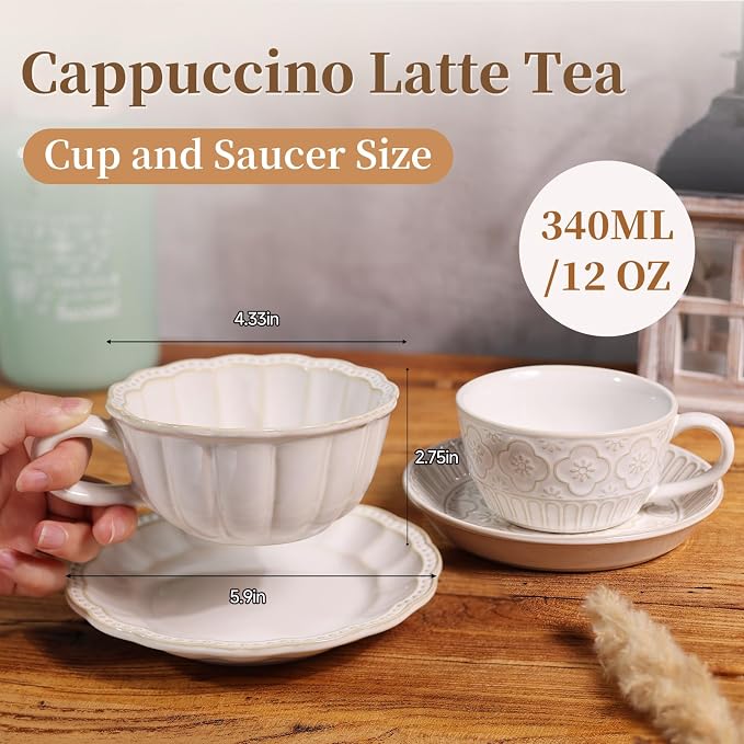 12 OZ Latte Cup with Saucer, Cappuccino Cup Vintage Cafe Art Cups - Image 2