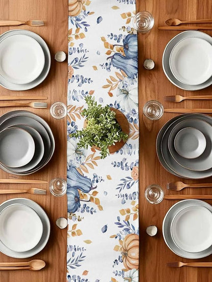 Blue Pumpkin Fall Table Runner 90 Inches Long, Thanksgiving Floral Eucalyptus - Image 7
