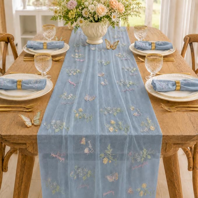 Wildflower Tulle Table Runner Butterfly Floral Wedding Party Home Decor | Blue - Image 4