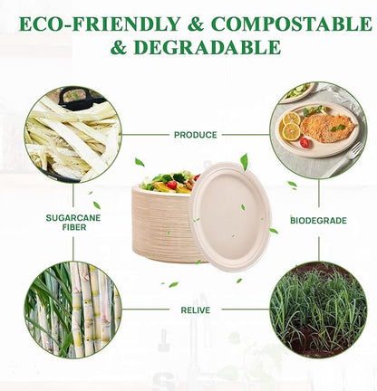 Vplus 100% Compostable Oval Paper Plates 10 inch 125 Pack Super Strong Disposable Paper Plates Bagasse Natural Biodegradable Eco-Friendly Sugarcane for BBQ, Party, Gathering, and Picnic