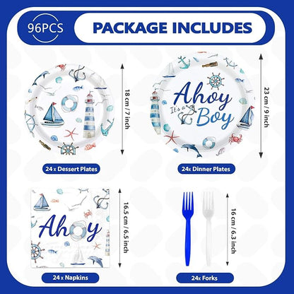 96 Pcs Ahoy It's A Boy Baby Shower Decorations, Serves 24 | Nautical Baby Boy - Image 5