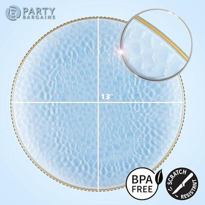 PARTY BARGAINS 13-Inch Charger Plates - 4 Pack, Hammered Blue Gold Rim, Heavy-Duty Disposable Chargers for Elegant Dining - Ideal for Weddings and Formal Events