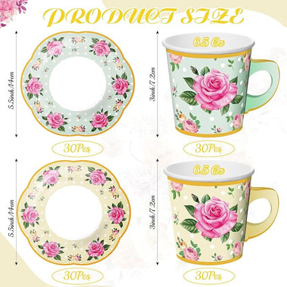 Umigy 60 Sets Floral Tea Party Decorations 6.5 oz Floral Paper Teacups & Saucer - Image 2