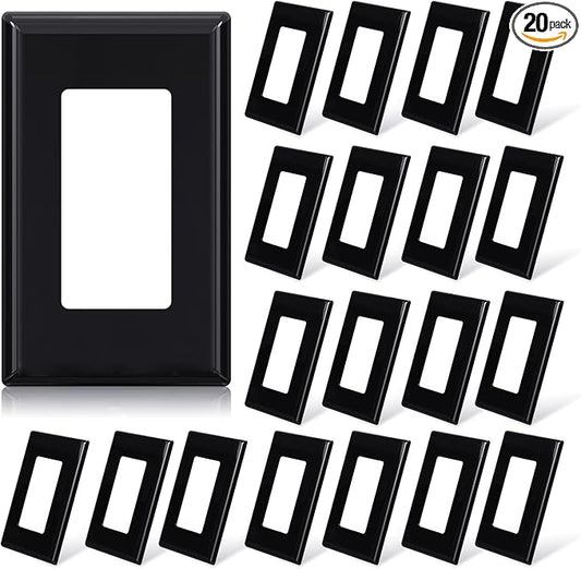 ELEGRP 1-Gang Screwless Decorative Wall Plates, Standard Size Unbreakable Thermoplastic Faceplate Cover for Decorator Receptacle Outlet Switch, UL Listed (20 Pack, Glossy Black)