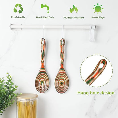 Salad Tongs, Pakkawood Wooden Spoons, Mixing Dinner Fork and Spoon | 10.5in - Image 4