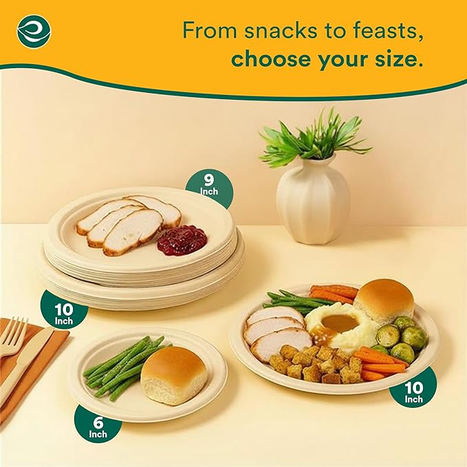 ECO SOUL 100% Compostable Paper Plates 10 Inch [500-Pack] Biodegradable Heavy Duty Eco-Friendly Disposable Plates for Dinner, Parties, Wedding & Event