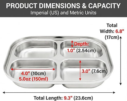 Korean Stainless Steel Divided Plates for Toddlers, Kids, Babies, Premium 304, Electro-Polished, No Black Residue, BPA-Free, 4-Compartment Food Tray, Camping, Balanced Meals, Set of 2