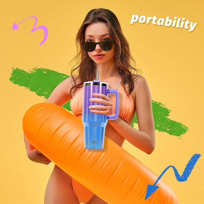 40 oz Shiny Tumbler with Handle and Straw, Stainless Steel Tumbler with Lid and - Image 6