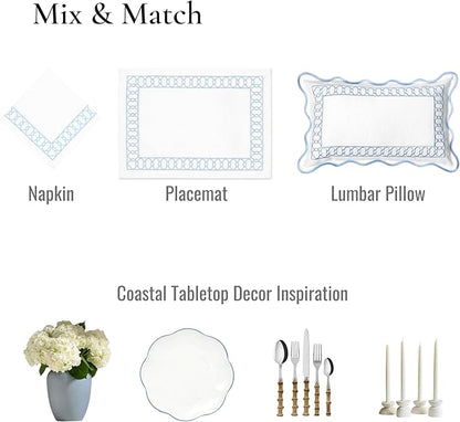 Hofdeco Premium Coastal Patio Indoor Outdoor Placemat Set of 4, 14"x19" Double-Layered, Waterproof Cloth Placemat for Kitchen or Dining Table. Baby Blue Embroidered Frame