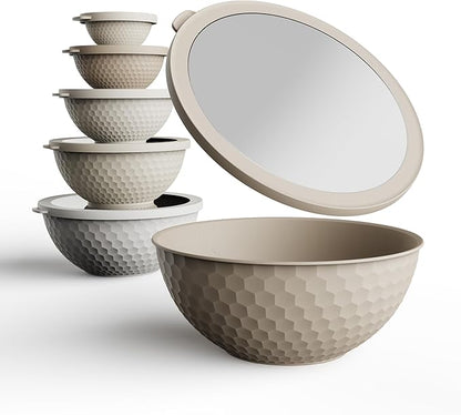 COOK WITH COLOR Mixing Bowls with Lids - 12 Piece Plastic Nesting Bowls Set includes 6 Prep Bowls and 6 Lids, Non Slip Bottom and Embossed Design - Microwave Safe (Brown)