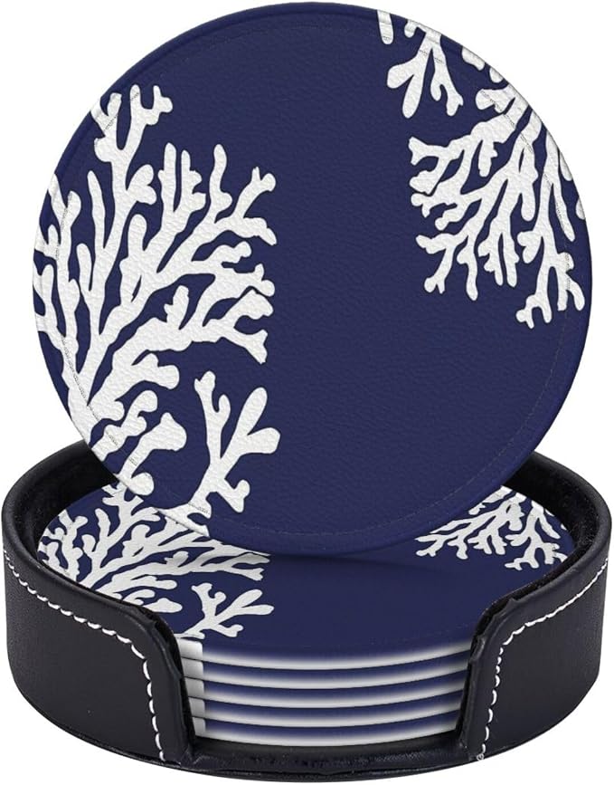 6 Pcs Coral Navy Blue Nautical Coastal Ocean Theme Marine Leather Coasters by CAPVKING